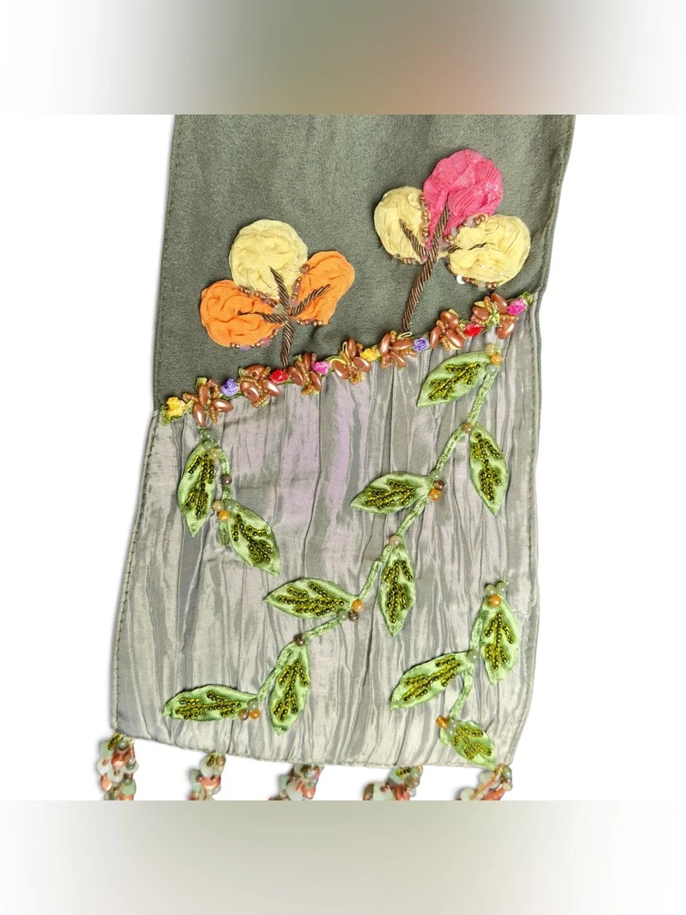 Vintage Mary Frances 100% Silk Beaded Scarf Olive Green Floral Tulip Fringe